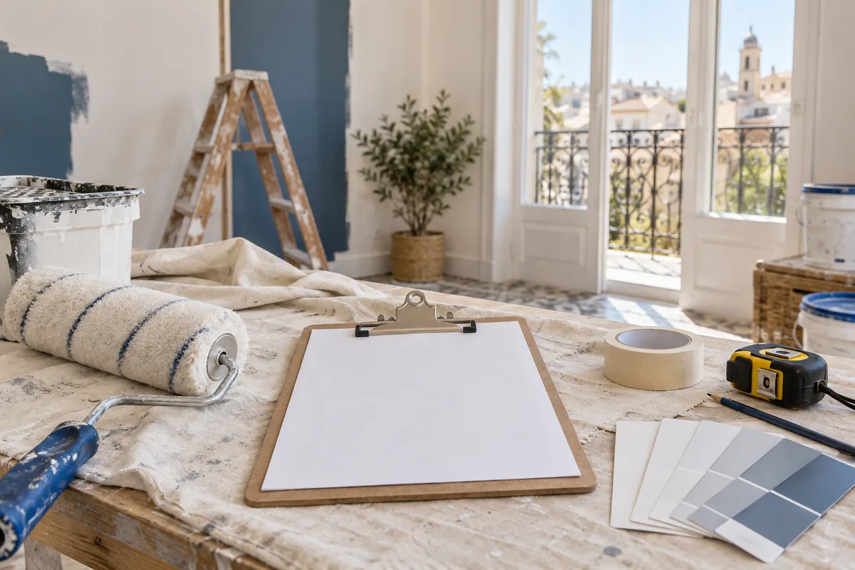 Mesa de pintor con rodillo, cinta de protección, muestras de color y un documento